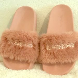 bebe blush faux fur slide sandals